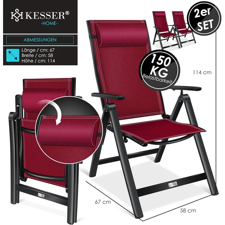KESSER® Gartenstuhl Hochlehner mit Armlehnen | Aluminium Klappstuhl inkl. Kopfkissen Campingstuhl 7-Fach Verstellbar Rückenlehne | Atmungsaktiv & Wetterfest | Klappbar & Anti-Rutsch 2 Stück, Bordeaux Rot – Bild 2