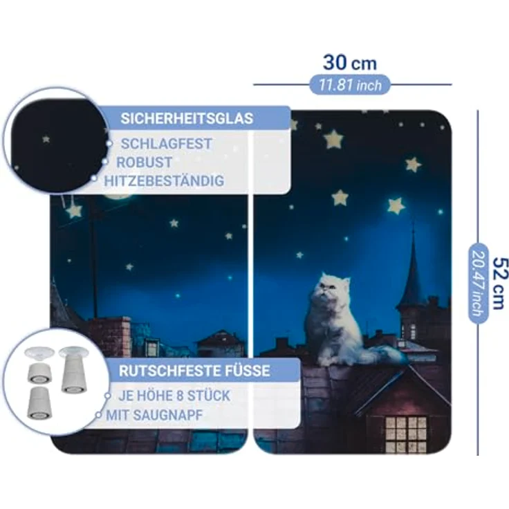 WENKO Herd-Abdeckplatte Universal Modell Moon Cat, Glas, (Set, 2 tlg), Herdabdeckung für alle Herdarten, kratzfest, mit rutschfesten Füßen – Bild 7