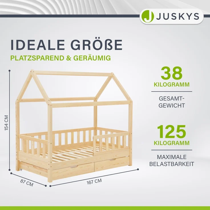 Juskys 'Marli' Kinderbett, mit Matratze, Bettkasten, Rausfallschutz, Lattenrost & Dach - Massivholz Hausbett für Kinder - Bett in Natur, 80x160 cm – Bild 1