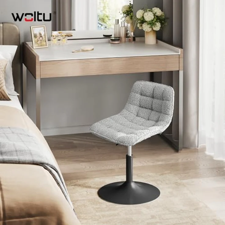 WOLTU Schminktisch Stuhl Hocker für Schminktisch, Schlafzimmer & Esszimmer - Höhenverstellbar, 360° Drehbar mit Rückenlehne, aus Bequemer Chenille, Grau – Bild 2