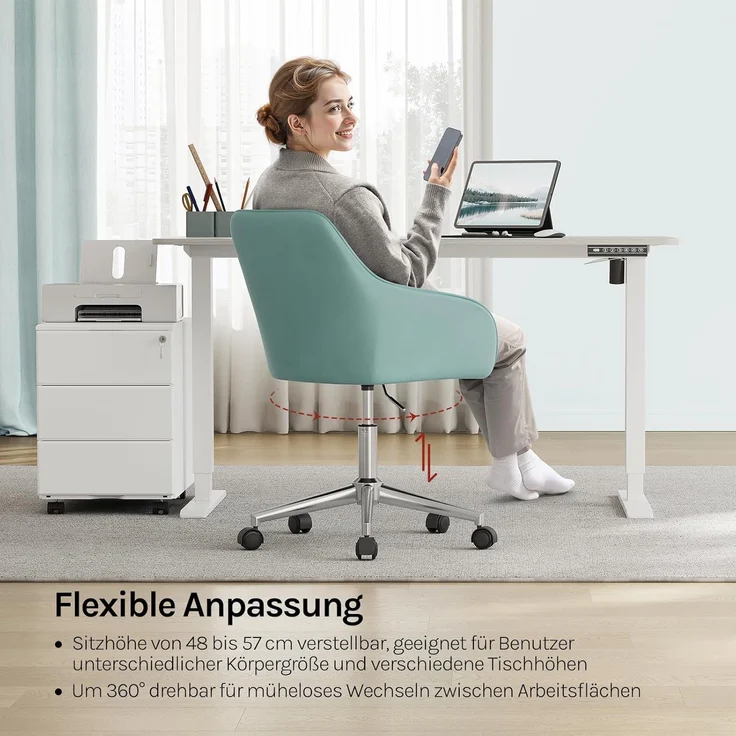 WOLTU Homeoffice Stuhl, Schreibtischstuhl, Drehstuhl, Schminkstuhl, höhenverstellbar, bis 150 kg belastbar, mit Armlehnen Samtsitz, für Schlafzimmer Büro Wohnzimmer, Türkis BS145ts – Bild 4