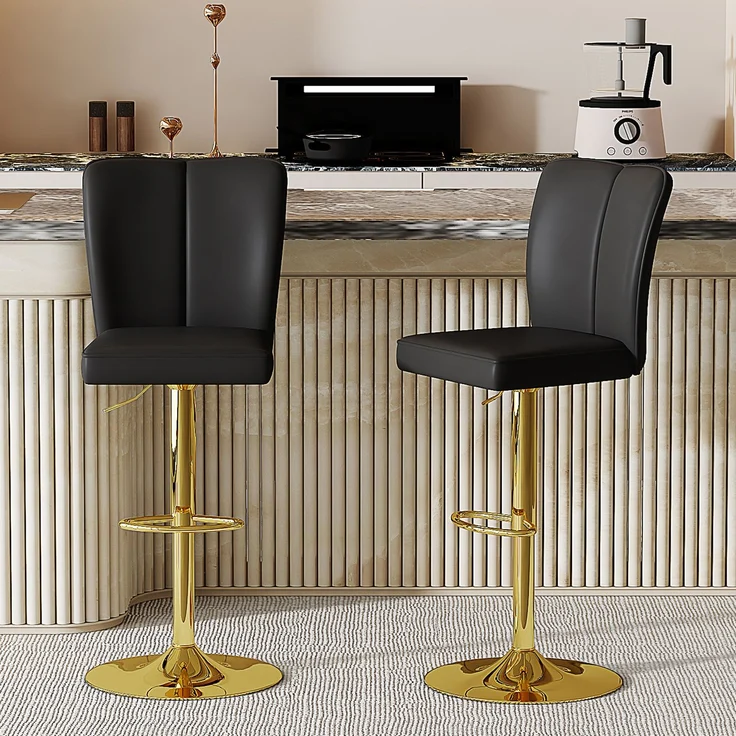 Höhenverstellbarer Barhocker im 2er-Set, 360° drehbar, Luxuriöser Barhocker im Schwarz-Gold-Design aus wasserabweisendem PU-Leder, geeignet für Kücheninseln, Verschiedene Farben erhältlich.--Schwarz + Gold--44.5x44x37cm--YOUDENOVA – Bild 1