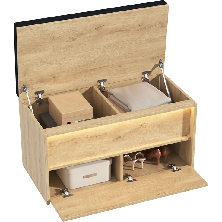 Garderoben-Set mit Schuhbank, Sitzkissen & LED-Beleuchtung, 90x47x145 cm, Eiche – Bild 7