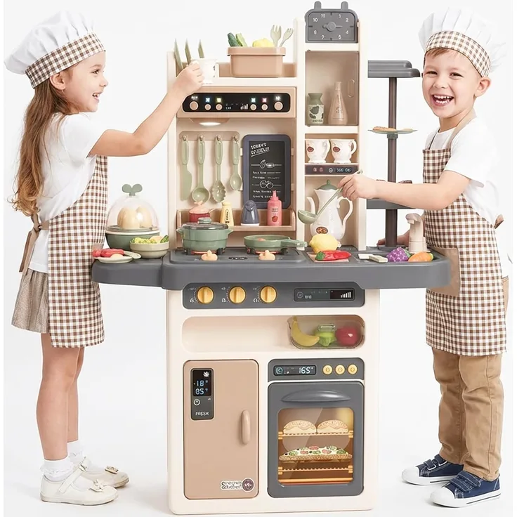 Kinderplay Kinderküche Spielküche Spielzeugküche Küchenset - Licht, Wasser, Dampf, Ton, 65 Küchenzubehör, Die Höhe beträgt 93,5 cm vom Boden bis zur Arbeitsplatte 46cm, KP3297 (KP3297) (KP3297)