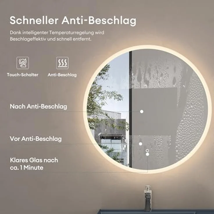 dopporo LED Badspiegel Rund 80cm, Wandspiegel mit Touchschalter, Antibeschlag und stufenlosem Dimmen (2700k-6500k) – Bild 3