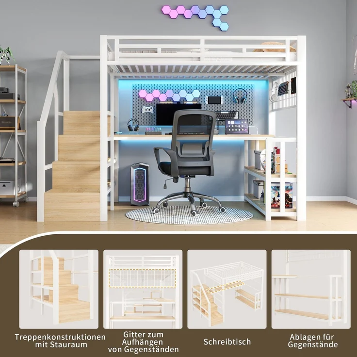 Hochbett mit RGB LED-Streifen, Schreibtisch, Treppe, Regal, Wandgitter, USB, Type-C, 140x200cm, Kinderbett, Metallbett – Bild 5