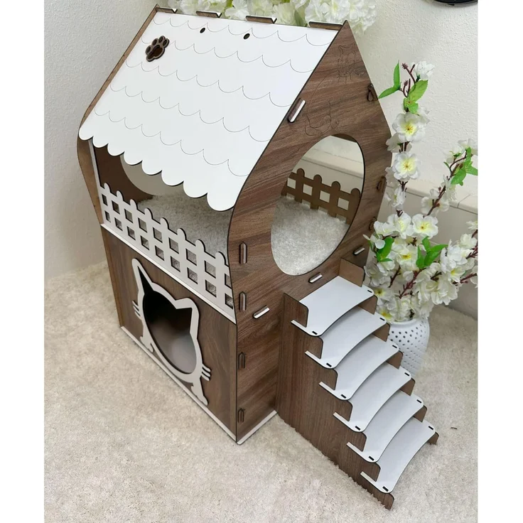 Jungengel Tierhaus Zweistöckiges Katzenhaus aus MDF – Braun & Weiß – in XL, XXL, 3XL, Werkzeugloser Aufbau, Zweistöckig, Balkon mit Rundfenster – Bild 2
