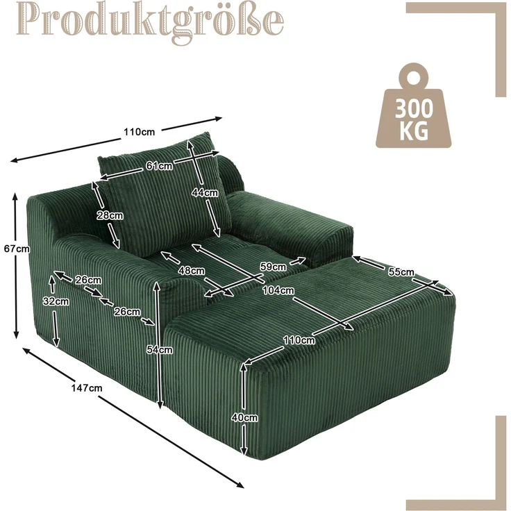 Sessel Cord mit Fußhocker, 147 x 110 x 67 cm,Relaxsessel mit Stauraumtaschen & Federkern, kein Aufbau,Smaragd – Bild 10