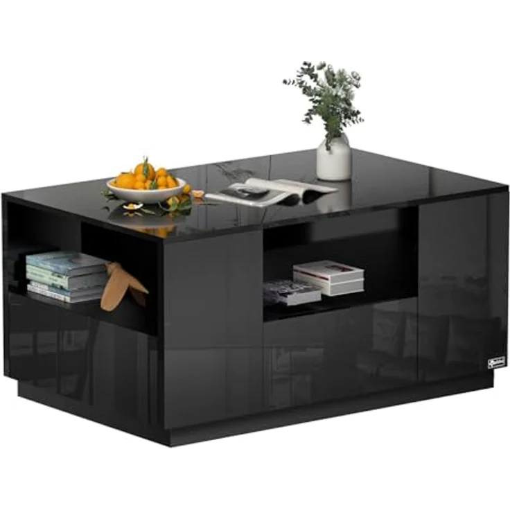 Makika LED Couchtisch mit Ablagefach und Schubladen, Holz schwarz, Hochglanz, 95 x 57 x 45 cm – Bild 4