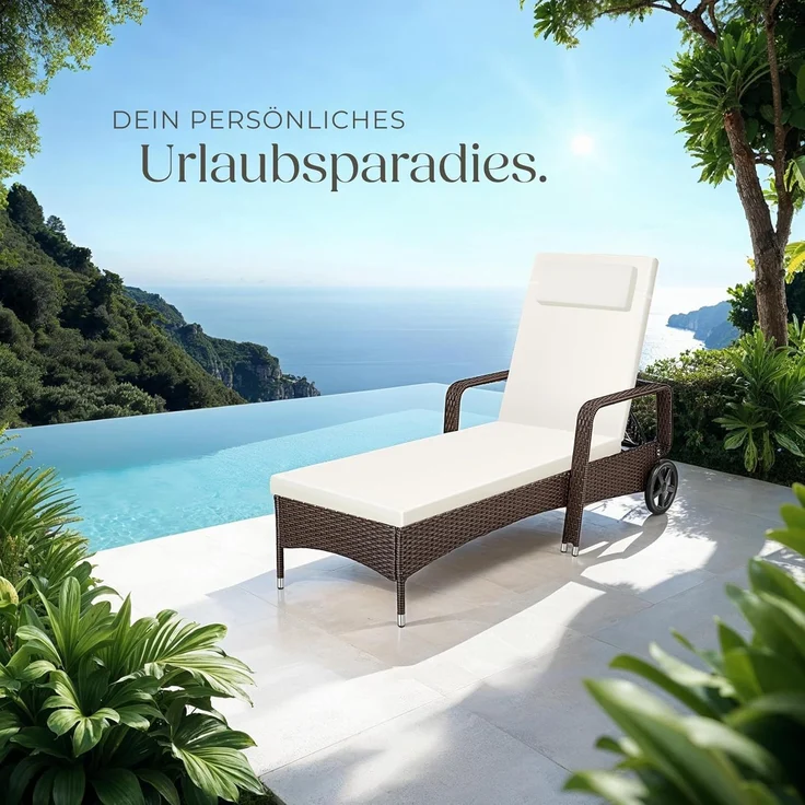 tectake Poly Rattan Gartenliege mit Rollen, 6-Fach höhenverstellbarer Liegestuhl, bis 120kg belastbar, Sonnenliege Rattan (wetterfest), Liege inkl. Polster und Kissen - braun gemischt – Bild 8