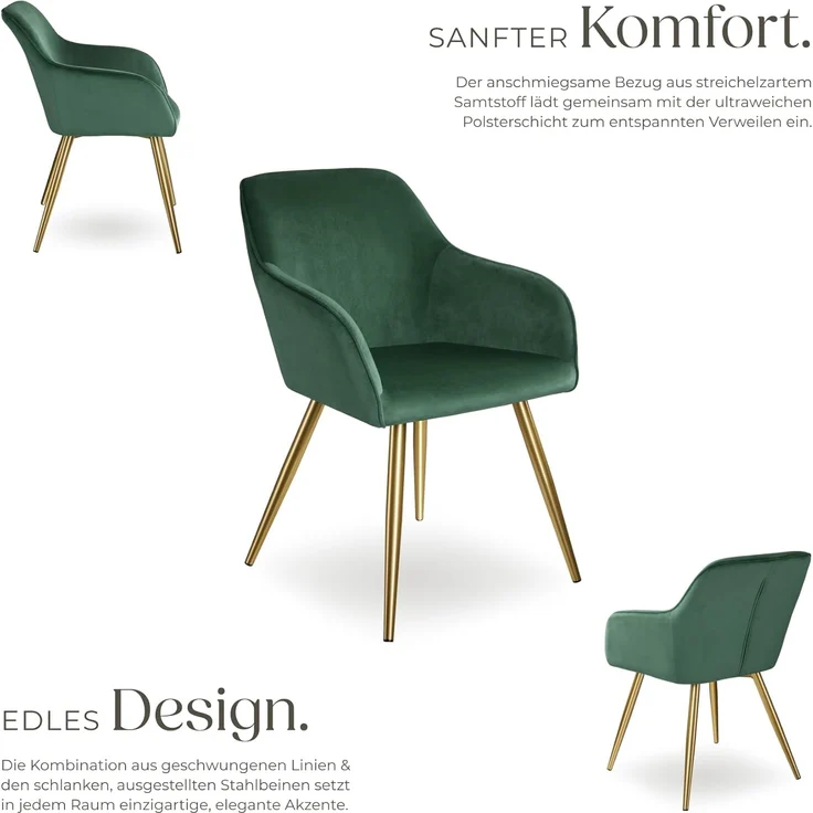tectake®4er Set Esszimmerstuhl, Sessel bequem mit Armlehne, Polsterstuhl, Samtstoff Cocktailsessel, Loungesessel für Wohnzimmer, Esszimmer, Moderne Küchenstühle, Bürostuhl - dunkelgrün/Gold – Bild 5