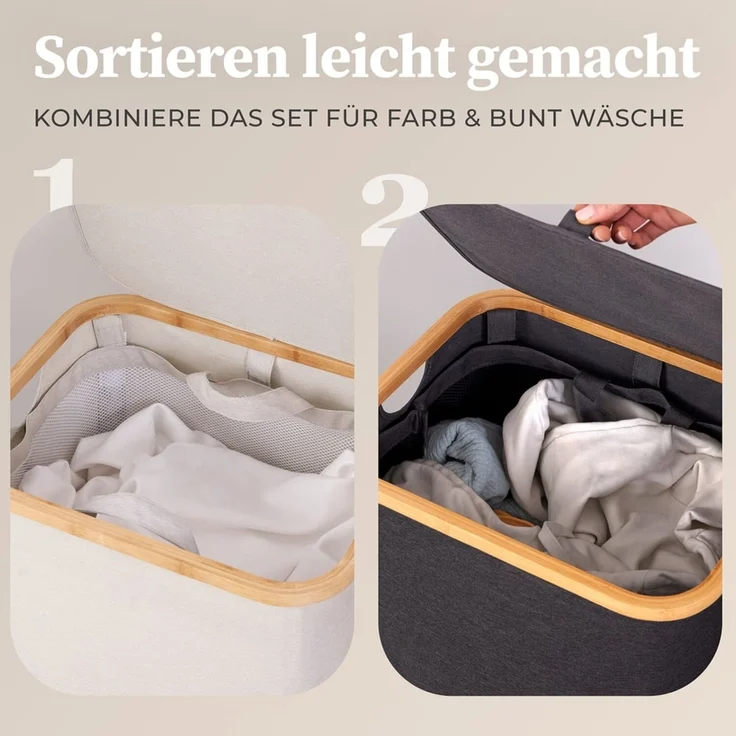 HENNEZ Wäschekorb mit Griff aus Bambus, 100 l – Wäschekorb mit Deckel, Dunkelgrau – Bild 4