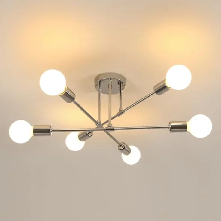 Goeco Industrial Vintage Deckenleuchte, Galvanisierte Metall Deckenlampe Kronleuchter mit 6 E27 Fassungen für Wohnzimmer Esszimmer Küche Flur, Chrom, Dia. 60 cm(Ohne Glühbirnen) – Bild 2