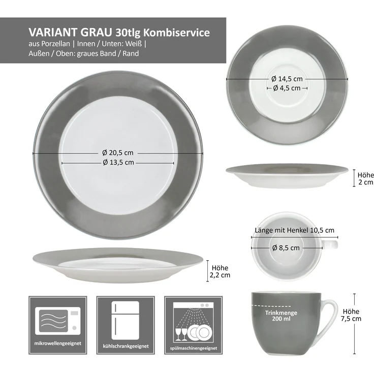 30tlg Kombiservice Variant Grau Porzellan 6 Personen Tassen Untertassen Teller – Bild 8