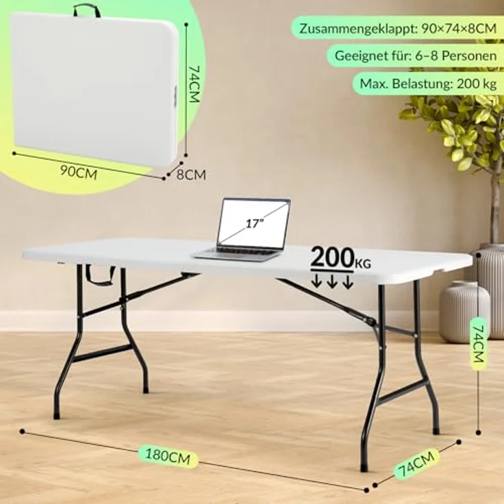 Velway Gartentisch klappbar 180x74 cm Buffettisch - Schneller Einsatz Klapptisch für 6-8 Personen Kunststoff Campingtisch Partytisch mit Tragegriff für Garten Terrasse und Balkon Zusammenklappbar Weiß – Bild 3