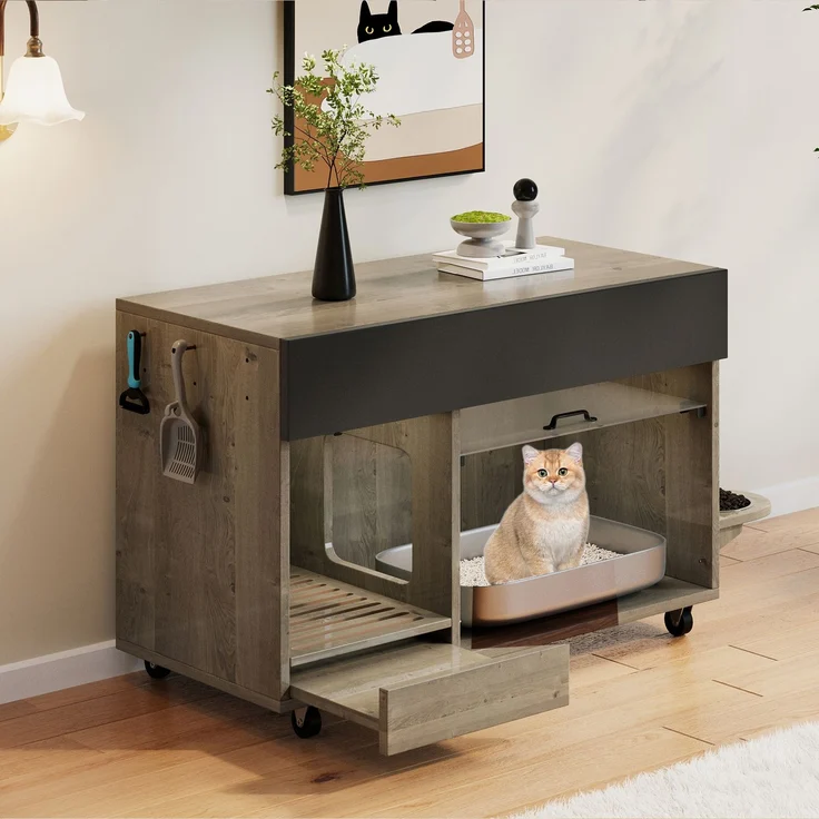 Bewegbarer Katzenkloschrank (Katzentoilettenschrank) – mit Katzenfuttertellern, Sandauffangschale, Lochplatte mit Hakenlöchern, ohne Katzenklo, 100×45,5×67 cm (antikgrau-braune Farbe, Eichenholzfarbe) – Bild 9
