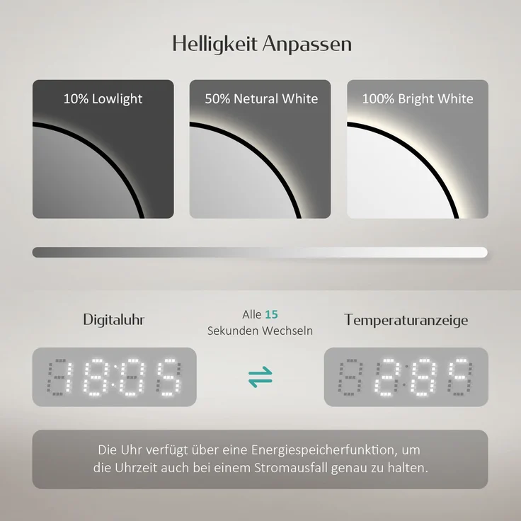 EMKE LED Badspiegel ф60cm Schwarzer Rand, Beschlagfrei, Uhr, Temperatur, Dimmbar, Memory-Funktion Neutrales Licht Wandspiegel – Bild 3