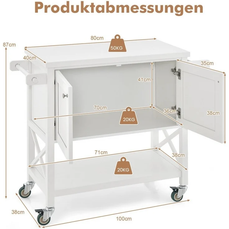COSTWAY Küchenwagen, mit Handtuchhalter & Gewürzregal, 100x38x87cm rollbar – Bild 2