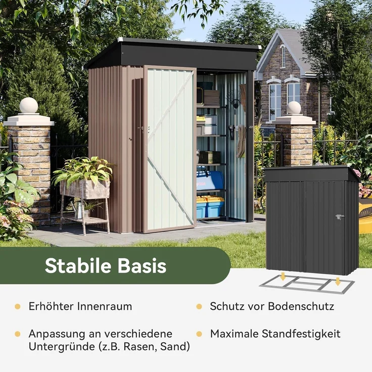 Aoxun Gerätehaus aus Metall, Maße 150x91x185cm, inklusive Bodenrahmen, Pultdach mit Belüftungslöchern, Tür mit Schloss, für Garten und Hof, Schwarz – Bild 8