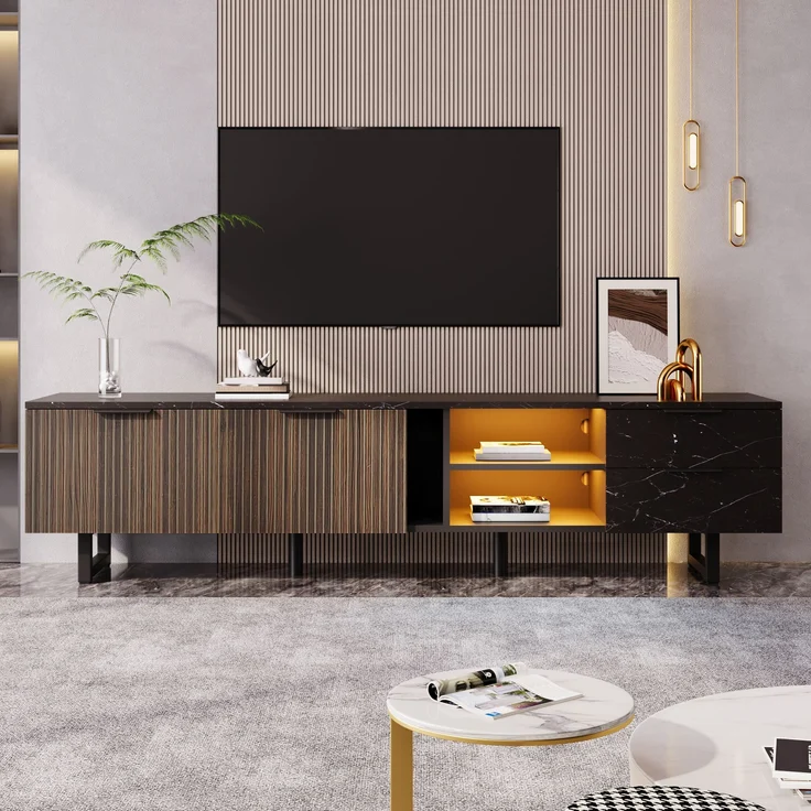 TV-Lowboard, MDF in Marmoroptik mit LED-Beleuchtung & Stauraum, 200x38x50 cm, Schwarz/Holzfarbe – Bild 1