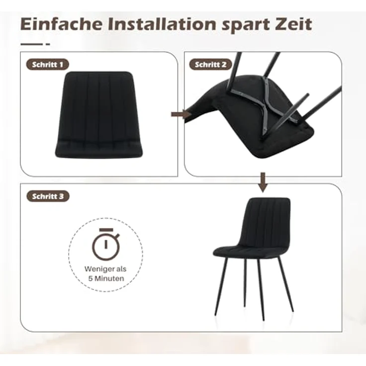 TUKAILAI Esszimmerstühle 2er Set, Beigefarbene Samt-Esszimmerstühle，Bequemer Polsterstuhl，Mit rutschfesten Metallfüßen (Schwarz) – Bild 9