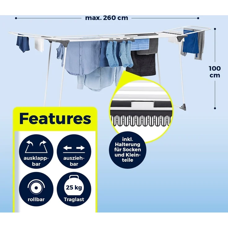 EASYmaxx Wäscheständer XXL ausziehbar bis 260 cm, Standtrockner mit Rollen, Kleidung platzsparend aufhängen klappbar Wäsche trocknen – Bild 5