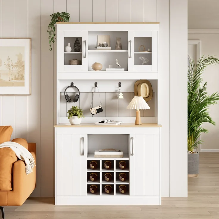 Küchenbuffet Buffetschrank mit Aufsatz 175 cm, Küchenschrank mit Glastüren, Weinregal und Hakenleiste, großer Geschirrschrank Vorratsschrank Küchenschrank für Küche Esszimmer Wohnzimmer--Natur, Weiß--106x39x175cm--YOUDENOVA – Bild 5