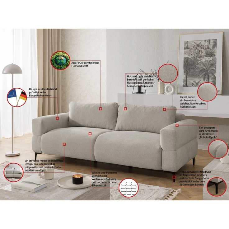 S-Style Möbel 3-Sitzer Sofa Cardea in Bubble-Optik aus weichem Strukturstoff, mit Wellenfederung und hohem Sitzkomfort – Bild 2