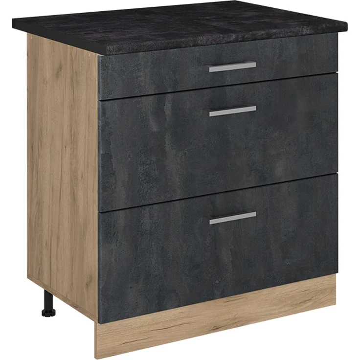 Küchenunterschrank R-Line Schwarz Beton/Goldkraft Eiche 80 cm mit 3 Schubladen Arbeitsplatte Anthrazit Vicco – Bild 1
