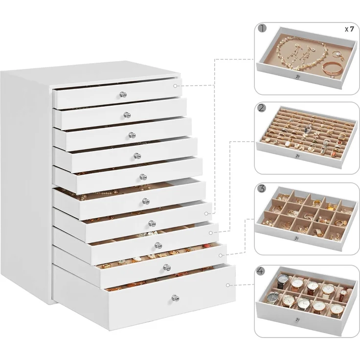 SONGMICS Schmuckkästchen, 10 Ebenen, Schmuckkasten mit Schubladen, Schmuckaufbewahrung geräumig, Schmuckschatulle modern, Geschenkidee, wolkenweiß JBC10W, Weiß – Bild 5