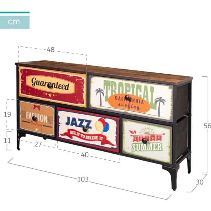 AKTIVE Max Home Mehrzweck-Schlafzimmer, Retro- und Vintage-Grafiken, 5 leichte Stoffschubladen, 103 x 30 x 56 cm, Stahlrahmen, Holzplatte, Nachttische, Wohnzimmermöbel (18402) – Bild 4