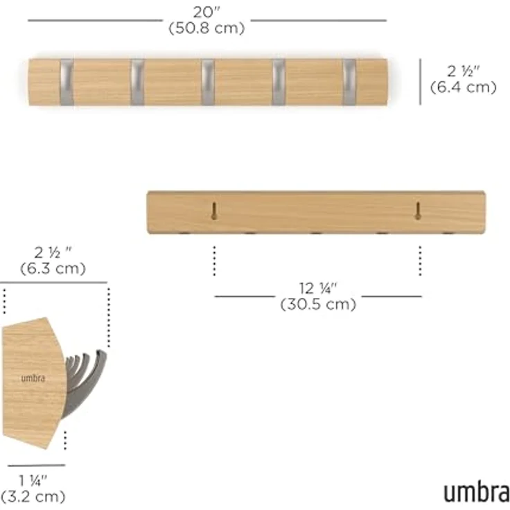 Umbra Flip 5 Garderobenhaken – Moderne, Schlichte und Platzsparende Garderobenleiste mit 5 Beweglichen Haken für Jacken, Mäntel, Schals, Handtaschen und Mehr, Natur – Bild 4