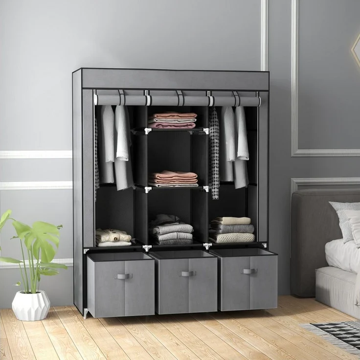 HOMCOM Stoffschrank Kleiderschrank mit Kleiderstangen und Schubladen (Faltbare Garderobe, 1-St, Faltschrank) Dunkelgrau, 125 x 43 x 162,5 cm – Bild 2