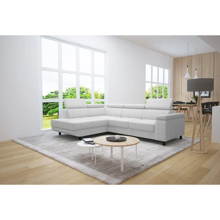thematys Ecksofa LUNA L 250 x 183 cm, mit Schlaffunktion, mit Bettkasten, mit verstellbaren Kopfstützen, Weiß (Poso 100), Ausrichtung Links – Bild 3