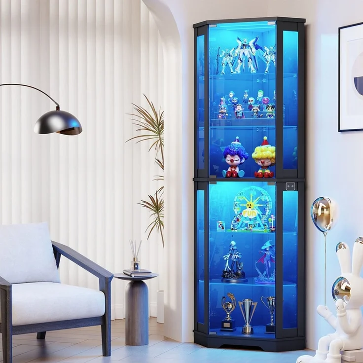 Eckvitrine 65x45x180 cm, 6-stöckige Glasvitrine mit LED-Beleuchtung, Glastüren und Bewegungssensor, Schwarz – Bild 3