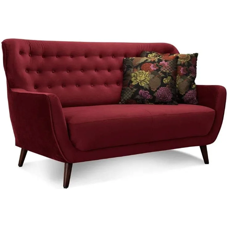 CAVADORE 2-Sitzer-Sofa Abby / Retro-Couch mit Samtbezug und Knopfheftung / 153 x 89 x 88 / Samtoptik, rot