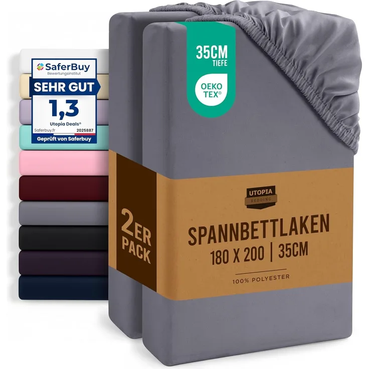 Utopia Bedding - 2er Set Spannbettlaken 180x200 cm - Grau - Gebürstete Mikrofaser Spannbetttuch - 35 cm Tiefe Tasche