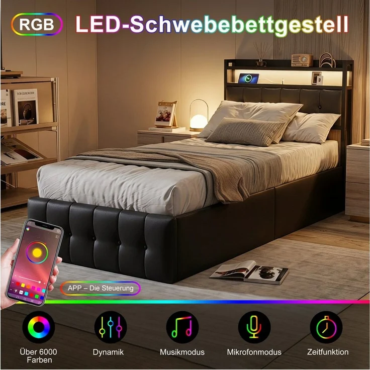 Simurq Stauraumbett Polsterbett 90x200 mit Stauraum, Einzelbett mit Gasdruckfeder (RGB LED, USB & Type-C Anschluss, Stauraum-Kopfteil), Stauraumbett, Bett mit Bettkasten, modernes Einzelbett – Bild 4