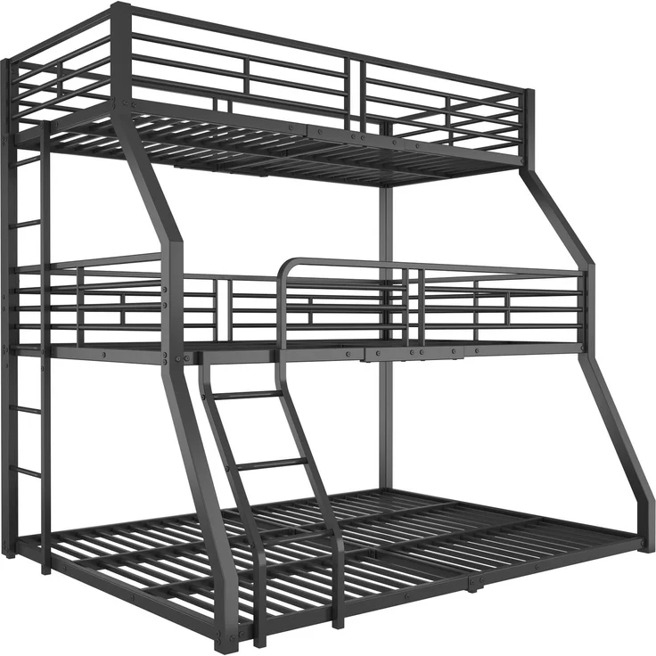 Etagenbett, 90*200 cm, 120 x 200cm und 140 x 200cm, Metallbettgestell, Eisenbett, Dreifach-Etagenbett, für Kinder, Jugendliche und Erwachsene, Ohne Matratze, Schwarz – Bild 9