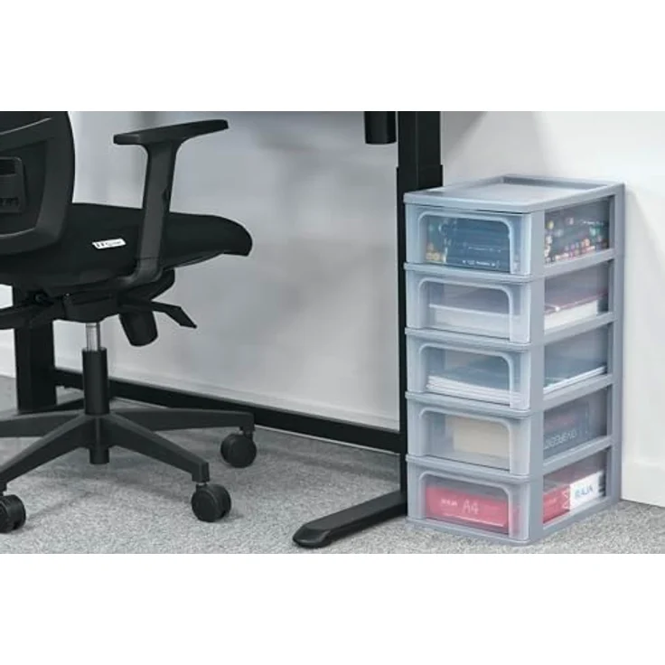 Iris Ohyama, Kunststoff Schubladenbox mit 5 flachen Schubladen, Grau, Easy-Pull-System, A4, A5 & A6 Format, Schreibtisch Organizer für Büro, Schule, Schreibwaren, BPA-frei, Schubladenschrank, OCH-2005 – Bild 2