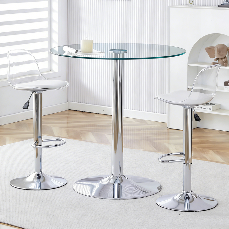 Bartisch-Set mit Glastisch Ø 89 cm und 2 höhenverstellbaren, drehbaren Barhockern – Bild 2