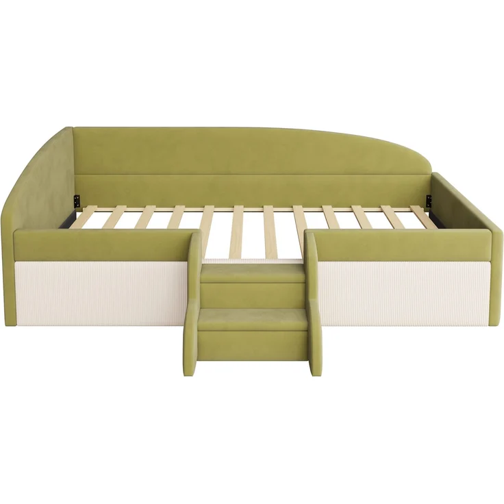 Kinderbett 90×190 cm mit Samt,Colorblock-Design,Schutzgitter & rutschfesten Stufen,gepolstertes Juniorbett,Dunkelgrün & Cremeweiß – Bild 8
