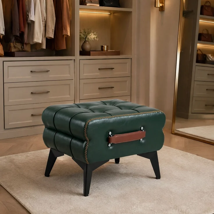 Hocker aus grünem Kunstleder mit Stahlbeinen und Tragegriff, 1 Stück,H 30 x T 43 x B 33 cm – Bild 7