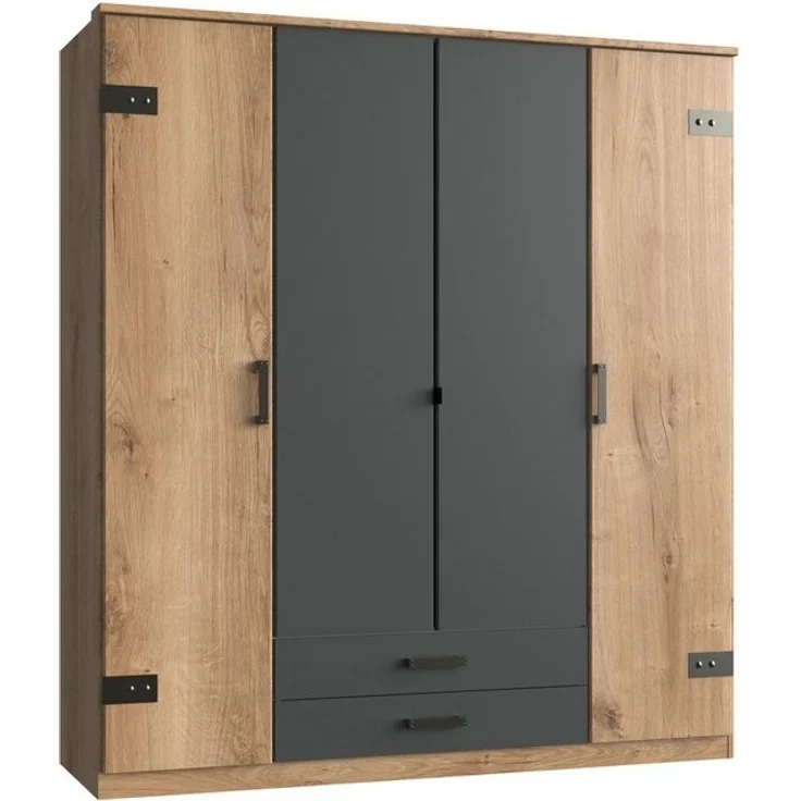 Calicosy Kleiderschrank, mit 4 Türen, in Eiche und Graphit Dekor - L180 cm. - Helles Holz – Bild 4