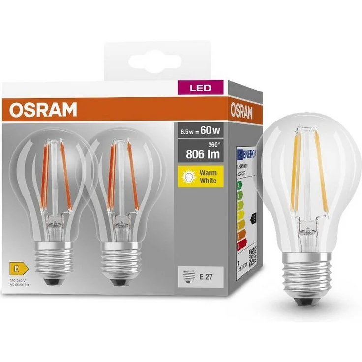 Osram BASE CLASSIC A FIL 60 LED-Lampe mit Sockel E27, klassische Kolbenform, Doppelpack, 6,5W, 806lm, 2700K, warmweißes Licht, geringe Wärmeentwicklung, lange Lebensdauer, geringer Energieverbrauch – Bild 1