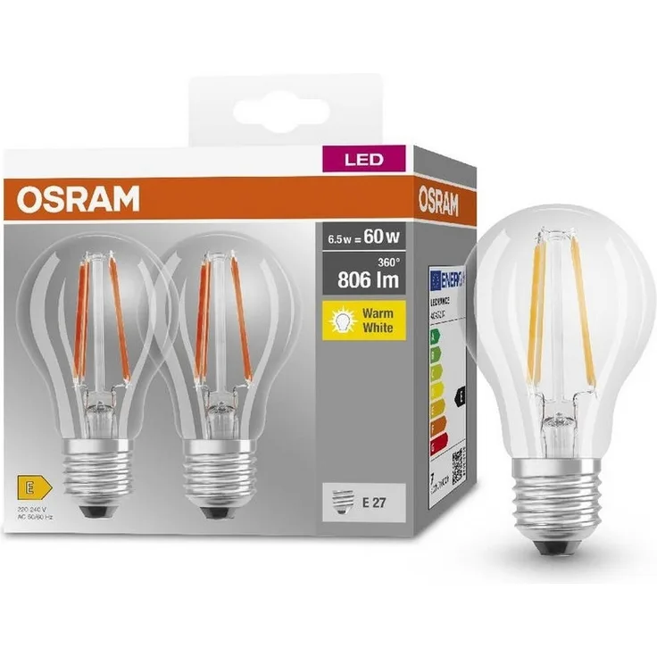 Osram BASE CLASSIC A FIL 60 LED-Lampe mit Sockel E27, klassische Kolbenform, Doppelpack, 6,5W, 806lm, 2700K, warmweißes Licht, geringe Wärmeentwicklung, lange Lebensdauer, geringer Energieverbrauch