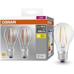Osram BASE CLASSIC A FIL 60 LED-Lampe mit Sockel E27, klassische Kolbenform, Doppelpack, 6,5W, 806lm, 2700K, warmweißes Licht, geringe Wärmeentwicklung, lange Lebensdauer, geringer Energieverbrauch
