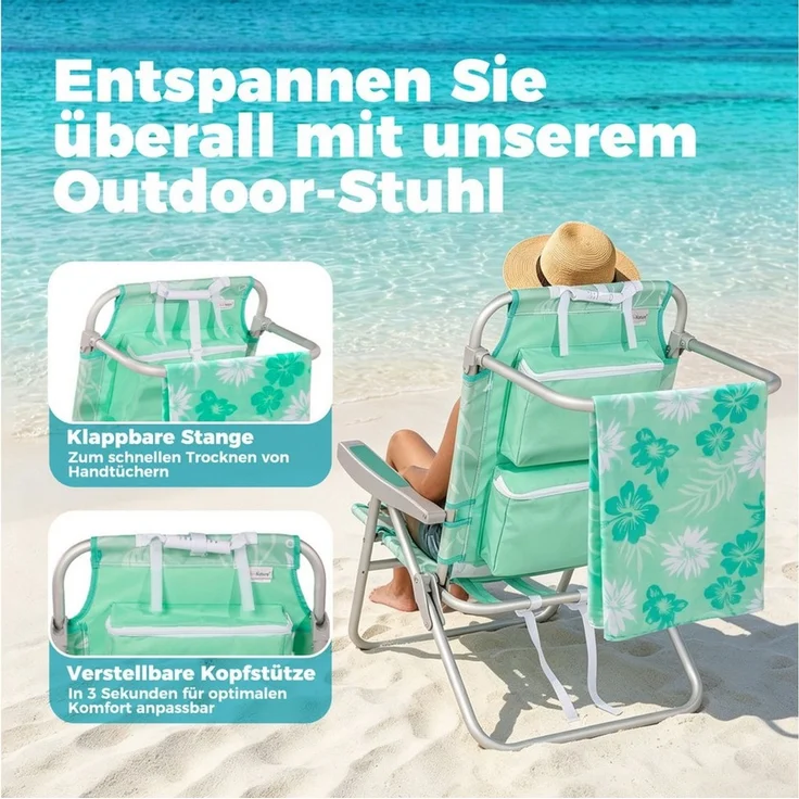 HOMECALL Klappstuhl Strandstuhl Leicht Klappbar Camping, 5-fach verstellbare Rückenlehne (Bis150KG Aluminiumrahmen, groBe Kuhitasche und Aufbewahrungstasche, 1 St), Seitentaschen, Kopfstütze, Schultergurten, Handtuchhalter – Bild 4