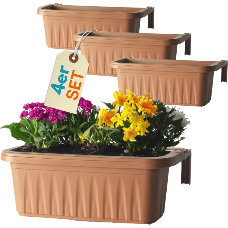 4er Set Blumenkasten Balkongeländer Balkon Blumenkasten Balkonkasten mit Halterung Balkonkasten Geländerkasten Balkonkasten mit Wasserspeicher 50 cm Terrakotta