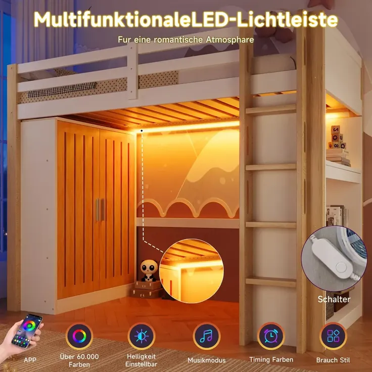 Hochbett mit RGB LED-Streifen, Lattenrost, Kleiderschrank, Trittleiter, Regal und Rausfallschutz, 140x200 cm, Kinderbett, Kiefer – Bild 3